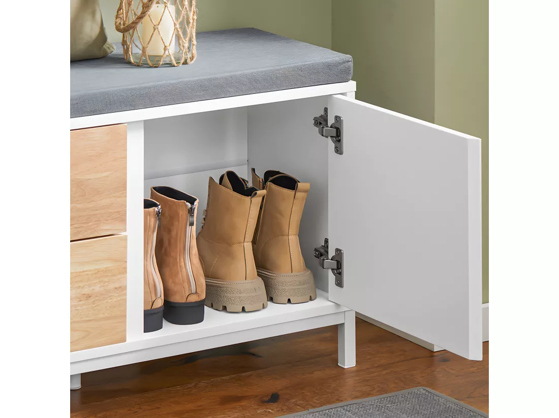 SoBuy Banc à Chaussures, Banc de Rangement avec Coussin rembourré, Meuble Bas Entrée sur Pieds avec 1 Porte et 2 Tiroirs, 80 x 30 x 51 cm, FSR167-WN