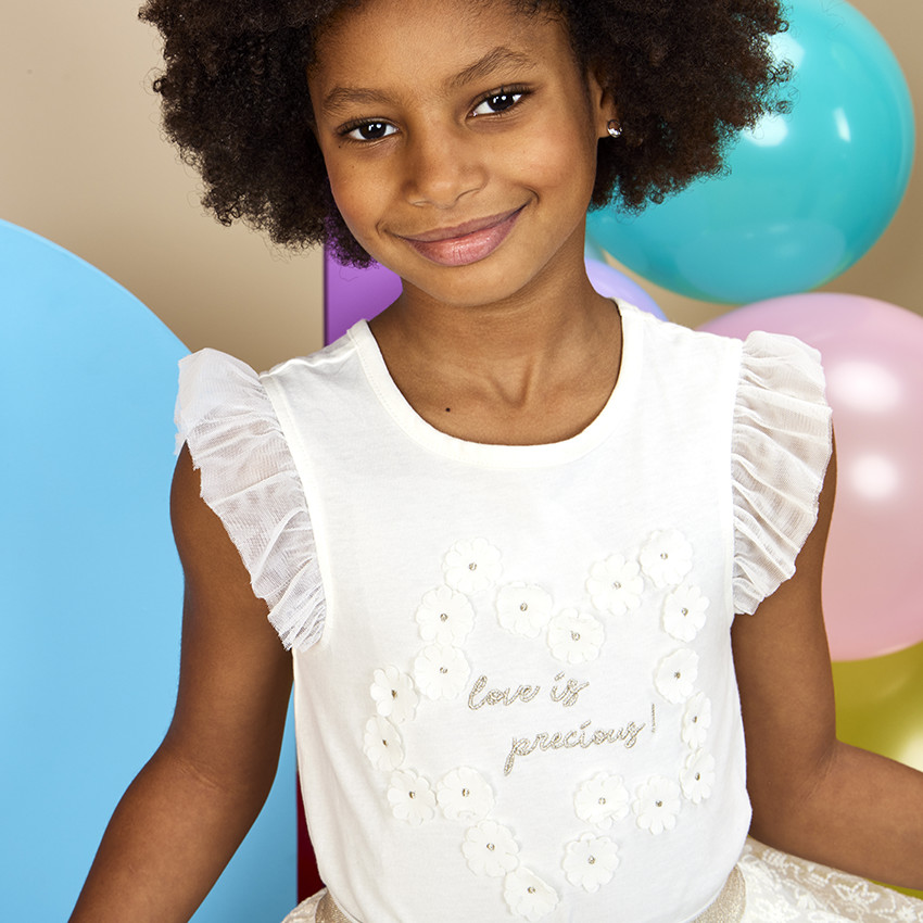 T-shirt manches courtes en tulle et fleurs 3D pour fille