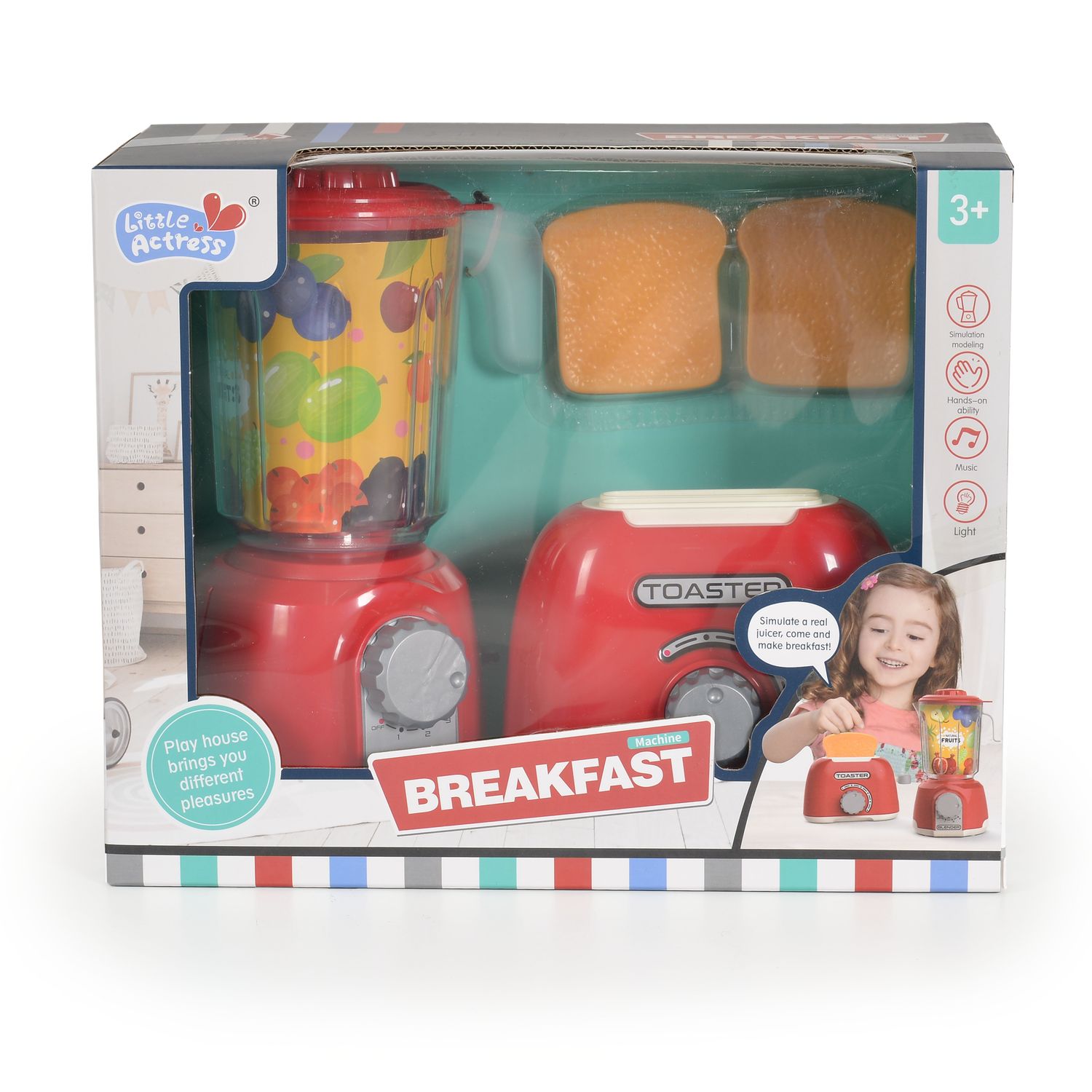Moni Spielzeug Frühstücksset Toaster, Entsafter, zwei Toastscheiben, eine Zange rot