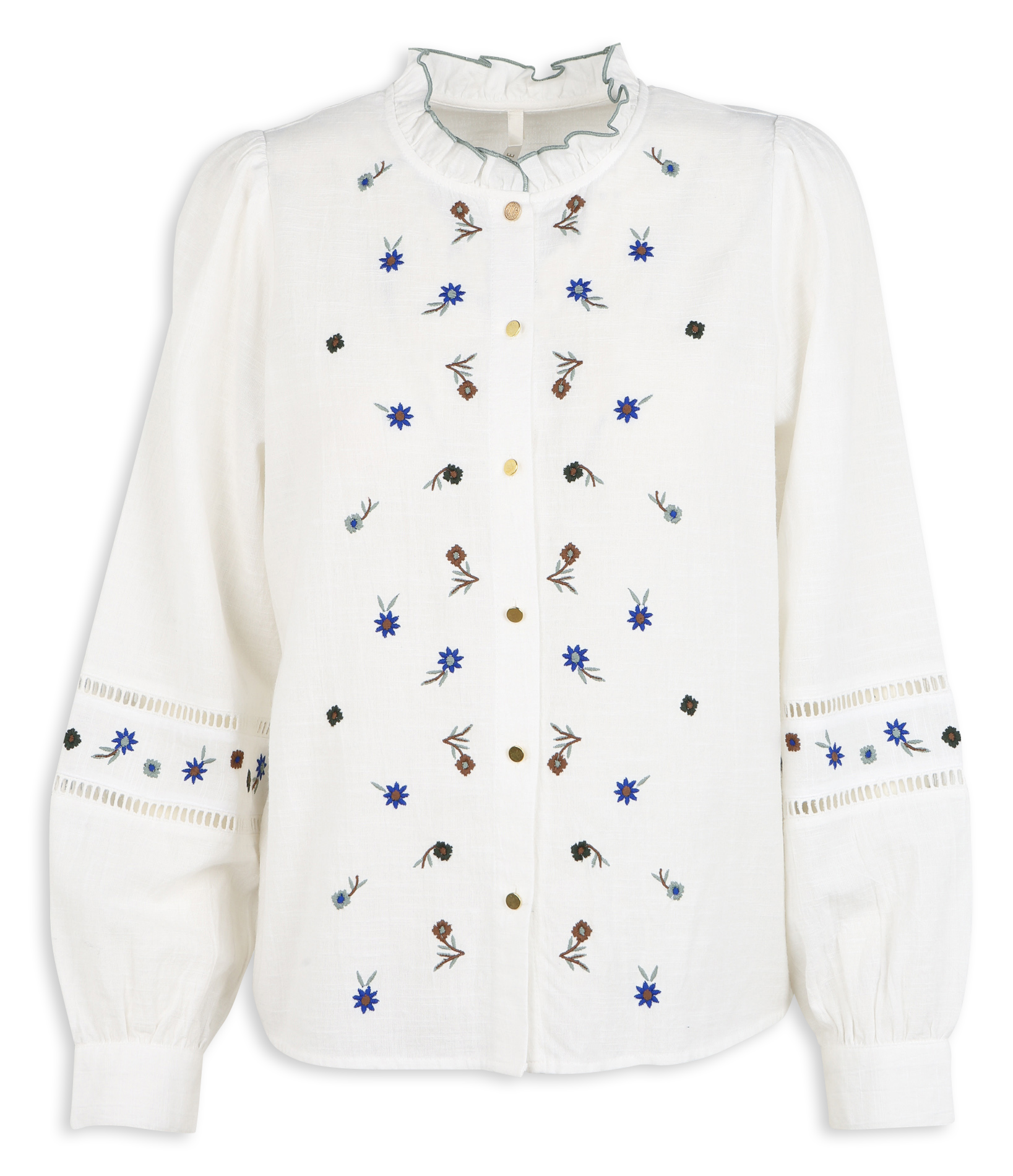 Chemise droite col victorien en coton brodé | Blanc