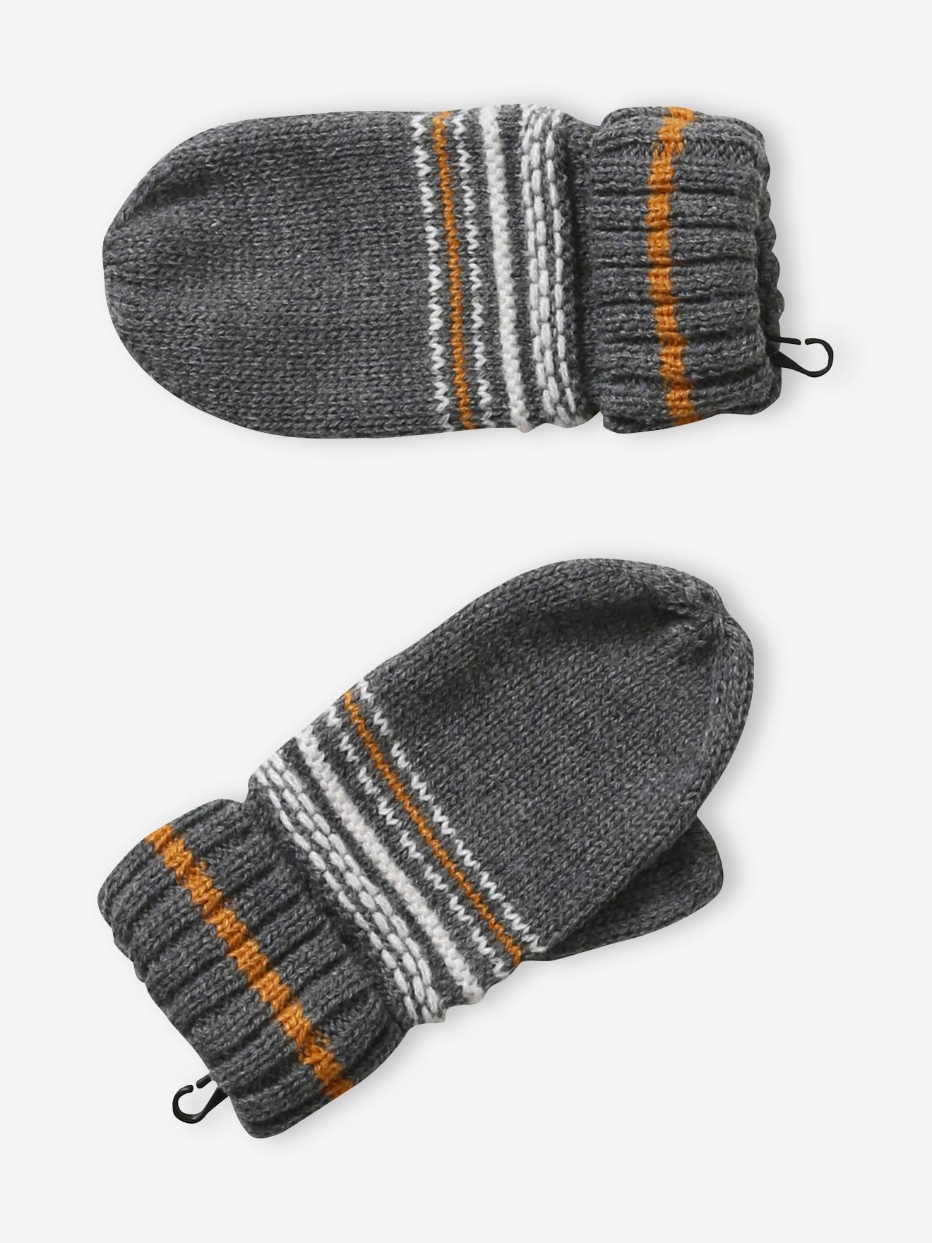 Conjunto de gorro + cachecol tubular + luvas de tricô jacquard, para menino, cinza médio bicolor/multicolorido