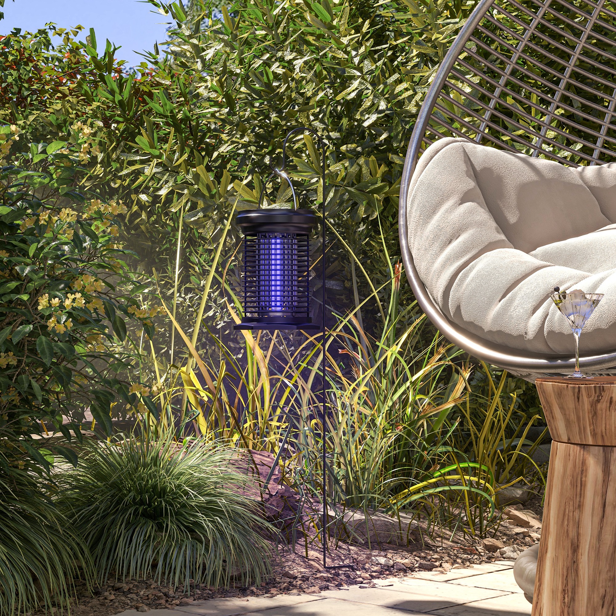 Lâmpada Mata-Mosquitos Elétrica 2 em 1 Outsunny, 9W, com Luzes UV LED, Recarregável por Energia Solar e USB, com Suporte, Cobertura de 30 m² para Jardim, Terraço e Pátio, Preta