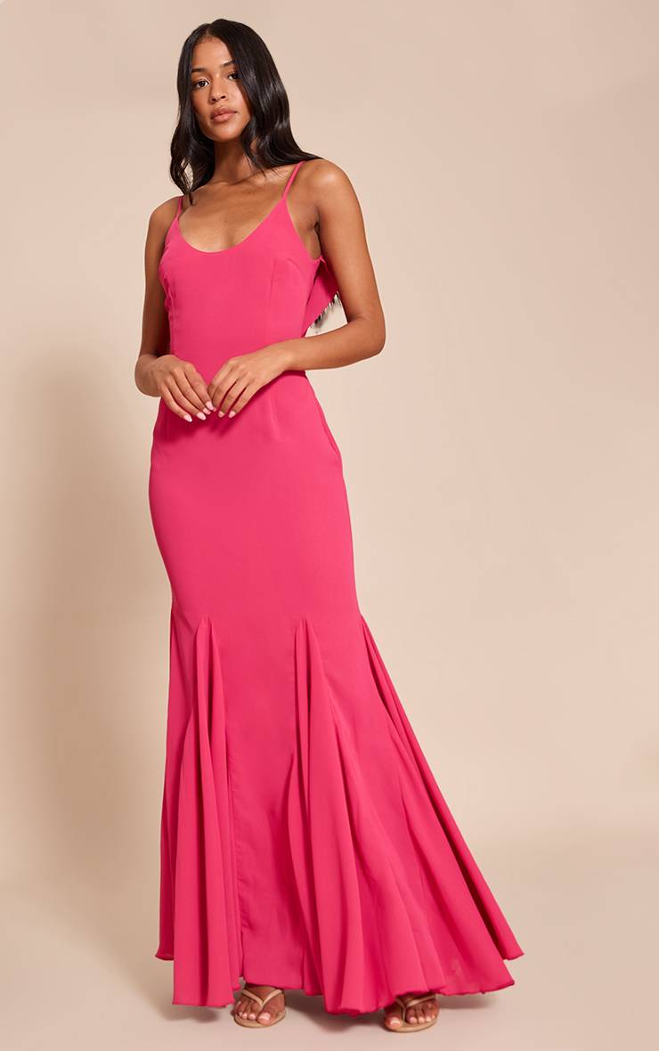 Fuchsia Robe Longue Grande Taille En Mousseline À Encolure Ronde Et Dos Drapé Sans Manches