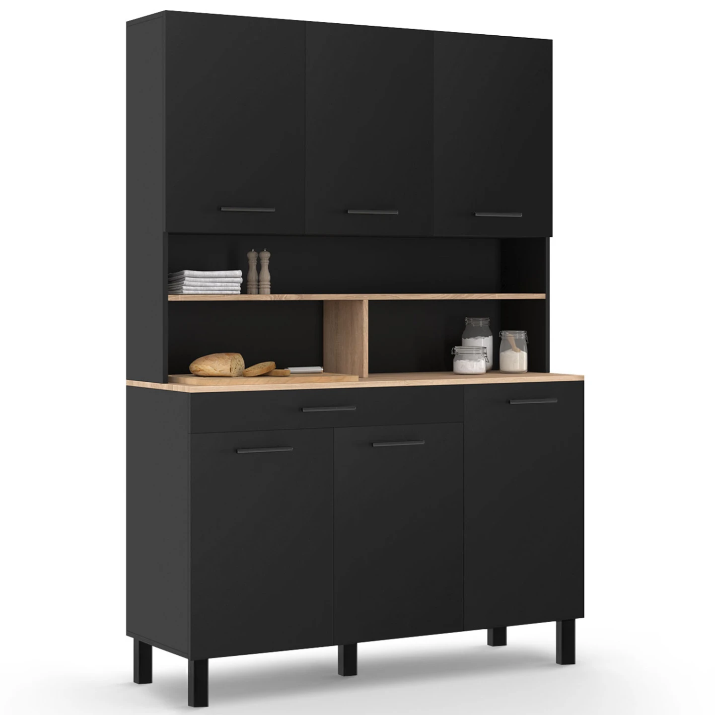 Buffet de cuisine 120 cm CINA 6 portes + tiroir noir et plateaux façon hêtre
