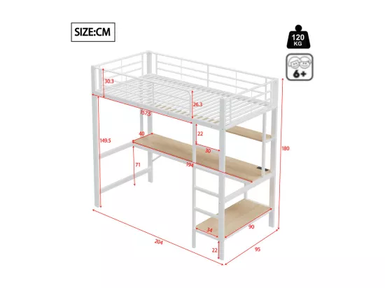 Lit mezzanine 90x200 cm - avec barrières - avec échelle - avec USB et prises - avec lumière LED - avec bureau + étagères à plusieurs niveaux - blanc (sans matelas)