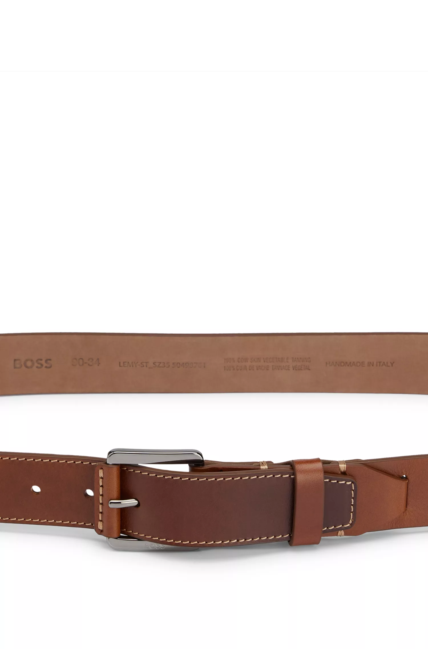 Cinto BOSS em couro italiano preto com costura em tom camelo.