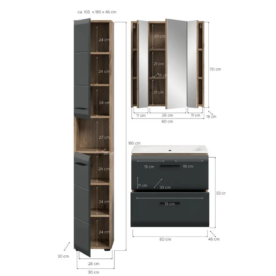Hioshop Ice badkamer I6 zwart mat- eiken decor