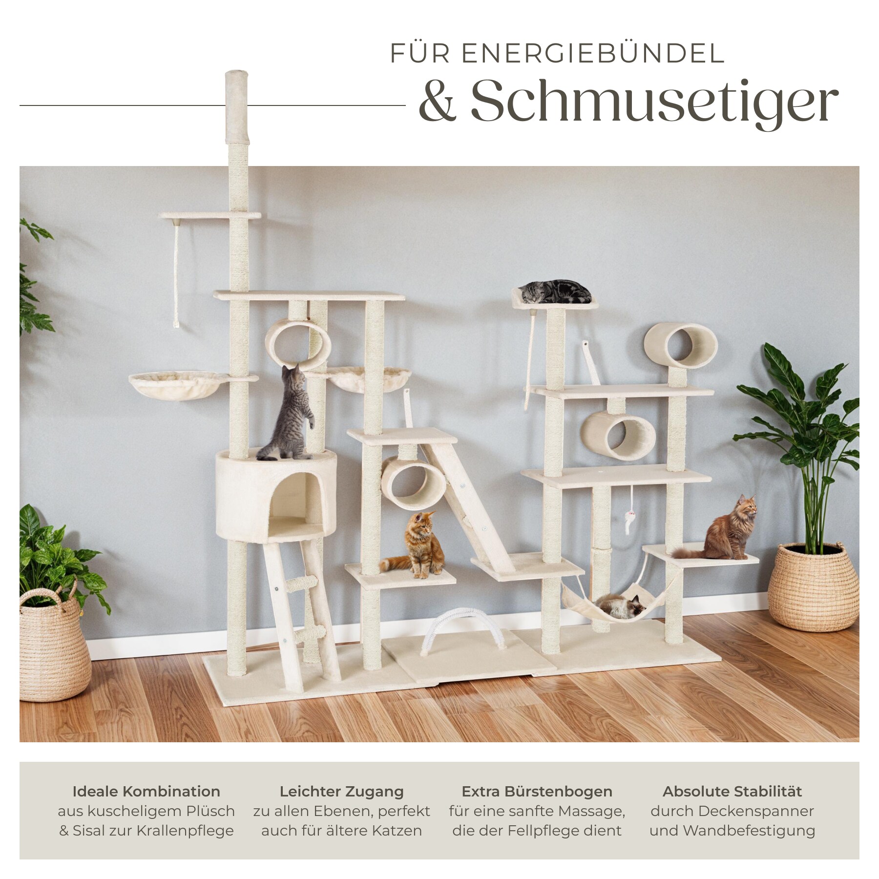 tectake® Kratzbaum, 234 bis 261 cm, mit Katzenhaus, inklusive 2 Treppen, 2 Spielkordeln, Kratzbogen, Deckenspanner und Kippschutz