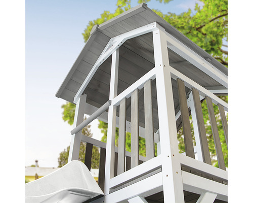 Axi Beach Tower speeltoren met enkele schommel en glijbaan, wit hout, grijs, wit