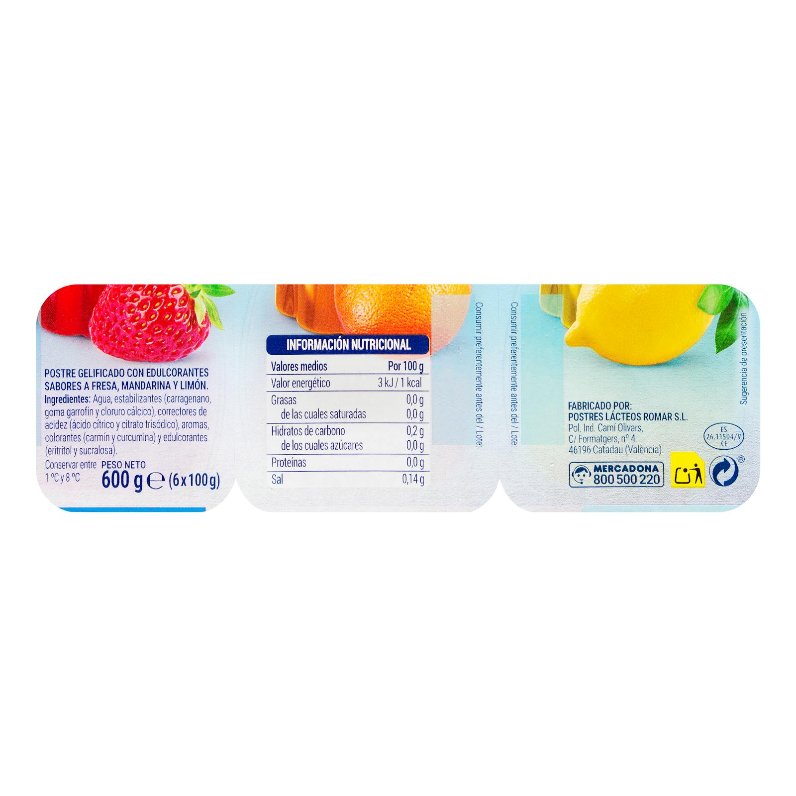 Gélatine 0% sucre aux saveurs de fraise, mandarine et citron Hacendado