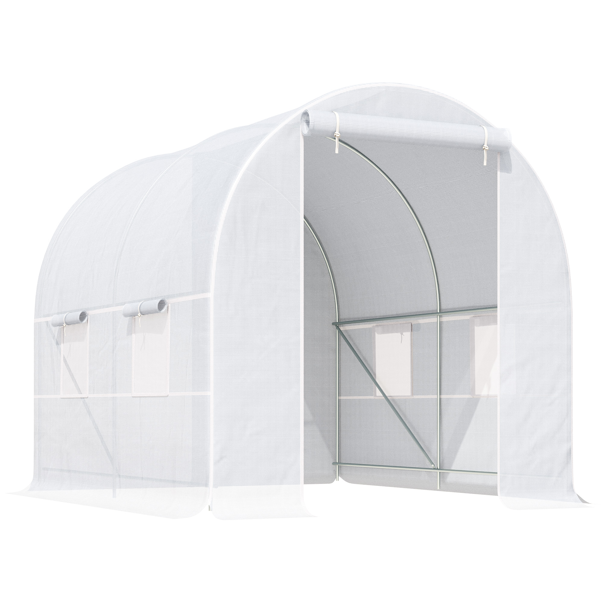 Estufa Túnel Outsunny 245x200x200 cm para Jardim com Porta de Enrolar e Múltiplas Janelas, Cobertura em PE 140 g/m² com Proteção UV, Estrutura Metálica para Cultivo de Plantas e Hortaliças, Branca