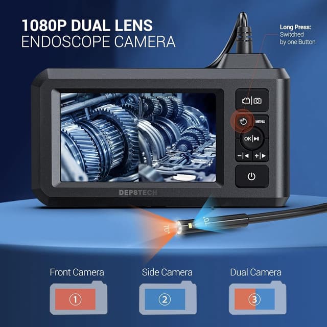 DS300 Double Lens Endo-/Borescope 1080P digitalt inspektionskamera, 5m kabel 7,9 mm IP67 4,3