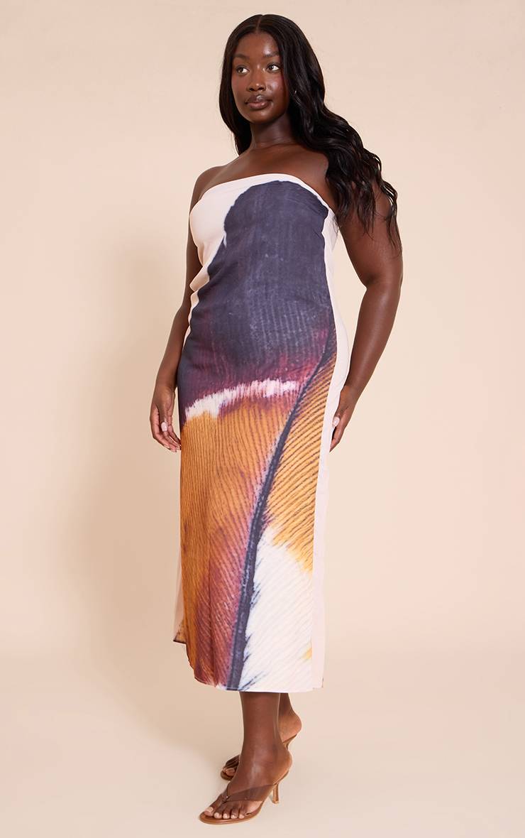 Pale Yellow Robe Maxi Colonne Bandeau Imprimé Plumes Grande Taille