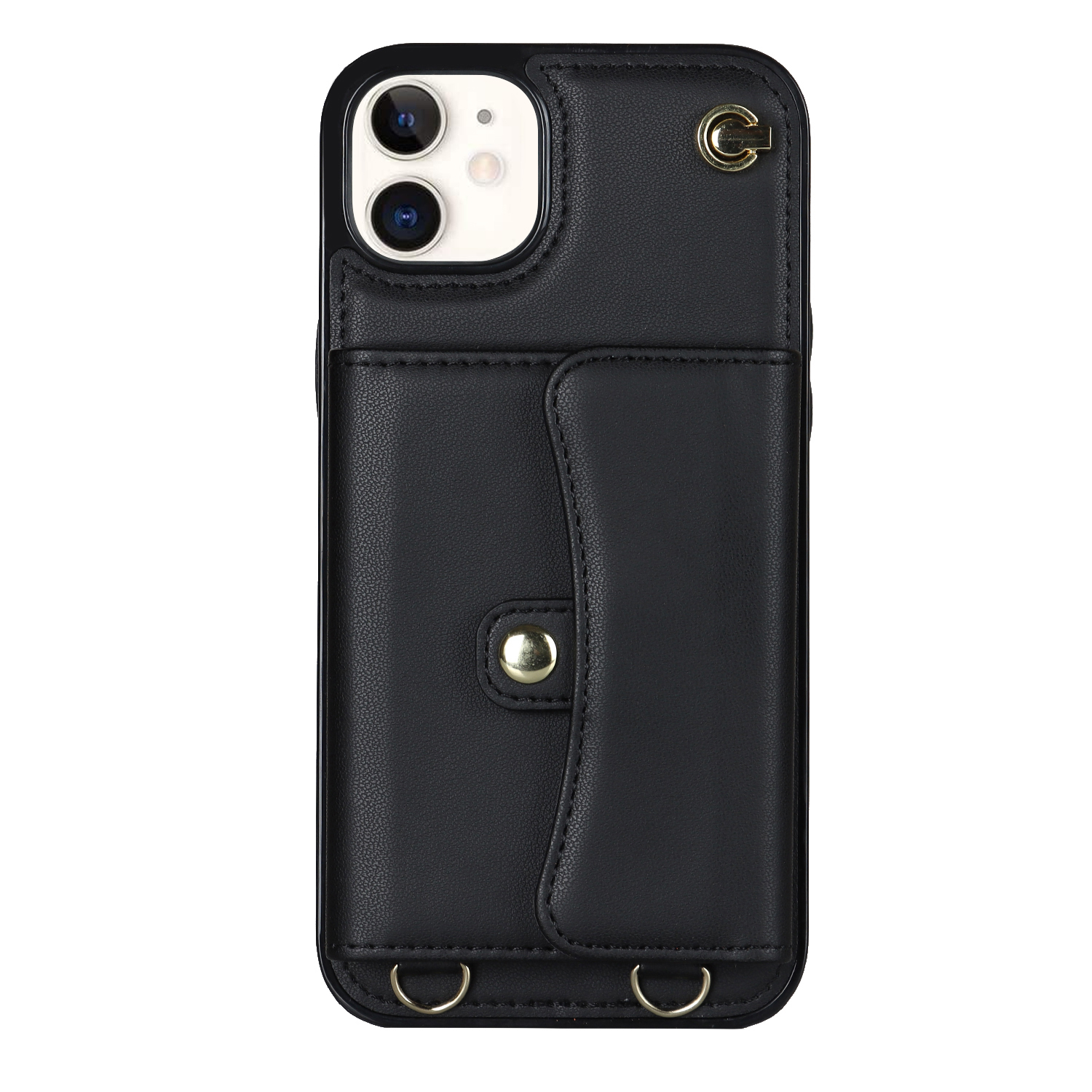 iPhone 11 Necklace Leder Schutz Hülle mit Kartenfach   Handykette (140cm) - Schwarz