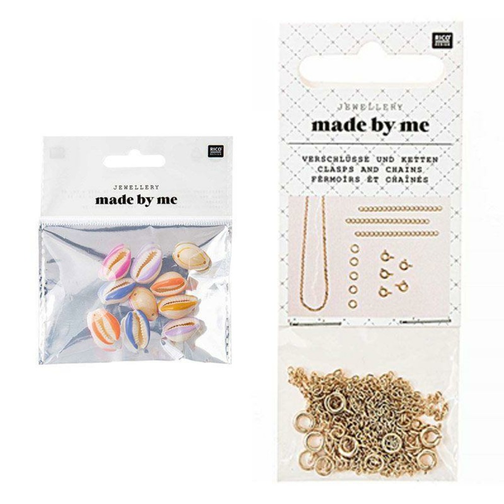 10 perles coquillages multicolores + fermoirs fins et chaînes dorés