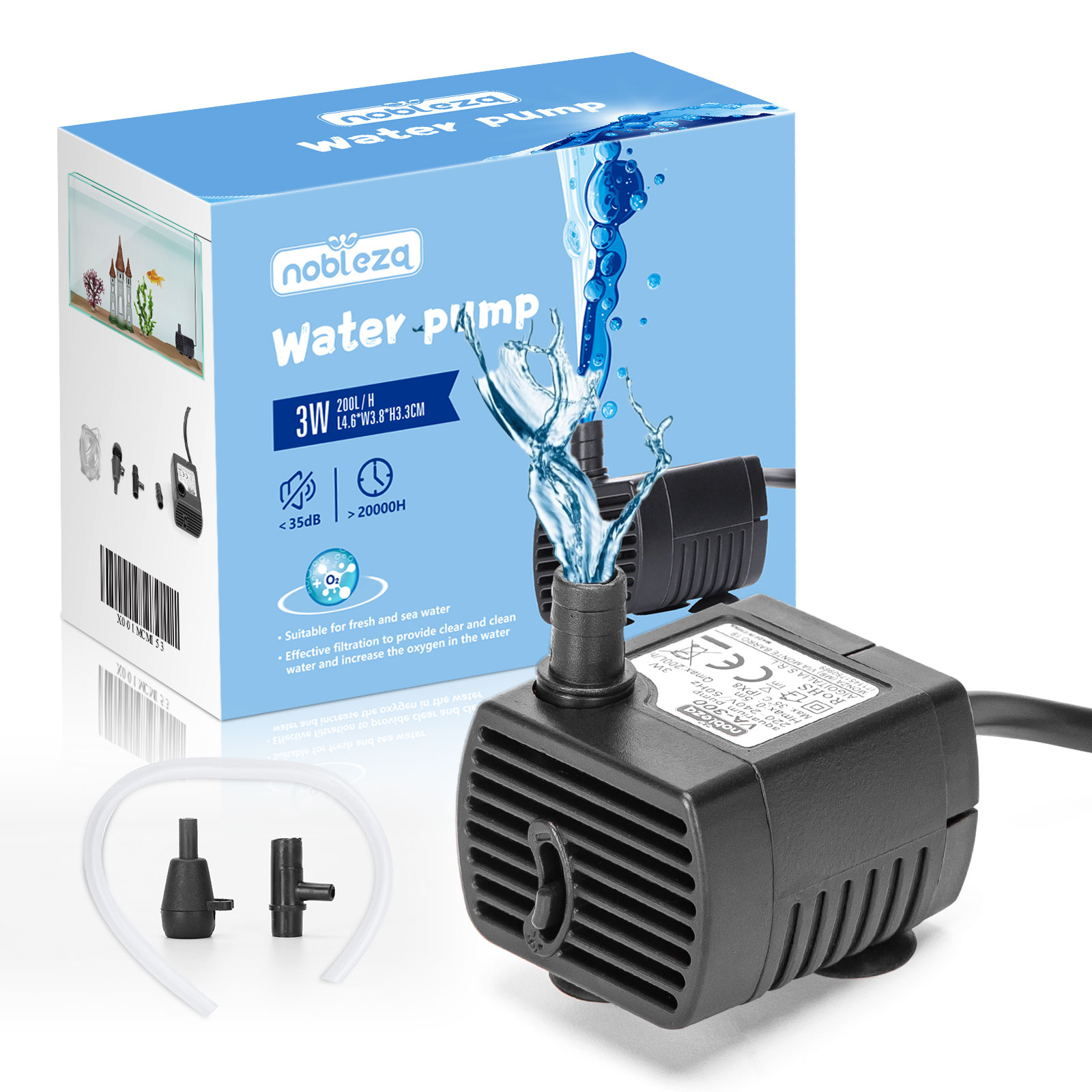 Nobleza - Mini Bomba de Água (200L/H - 3W), Bomba de Aquário Ultrassilenciosa com Curso Longo, Bomba para Fonte com Cabo de Alimentação de 0,6m, 2 Bicos para Aquários, Fontes e Estátuas