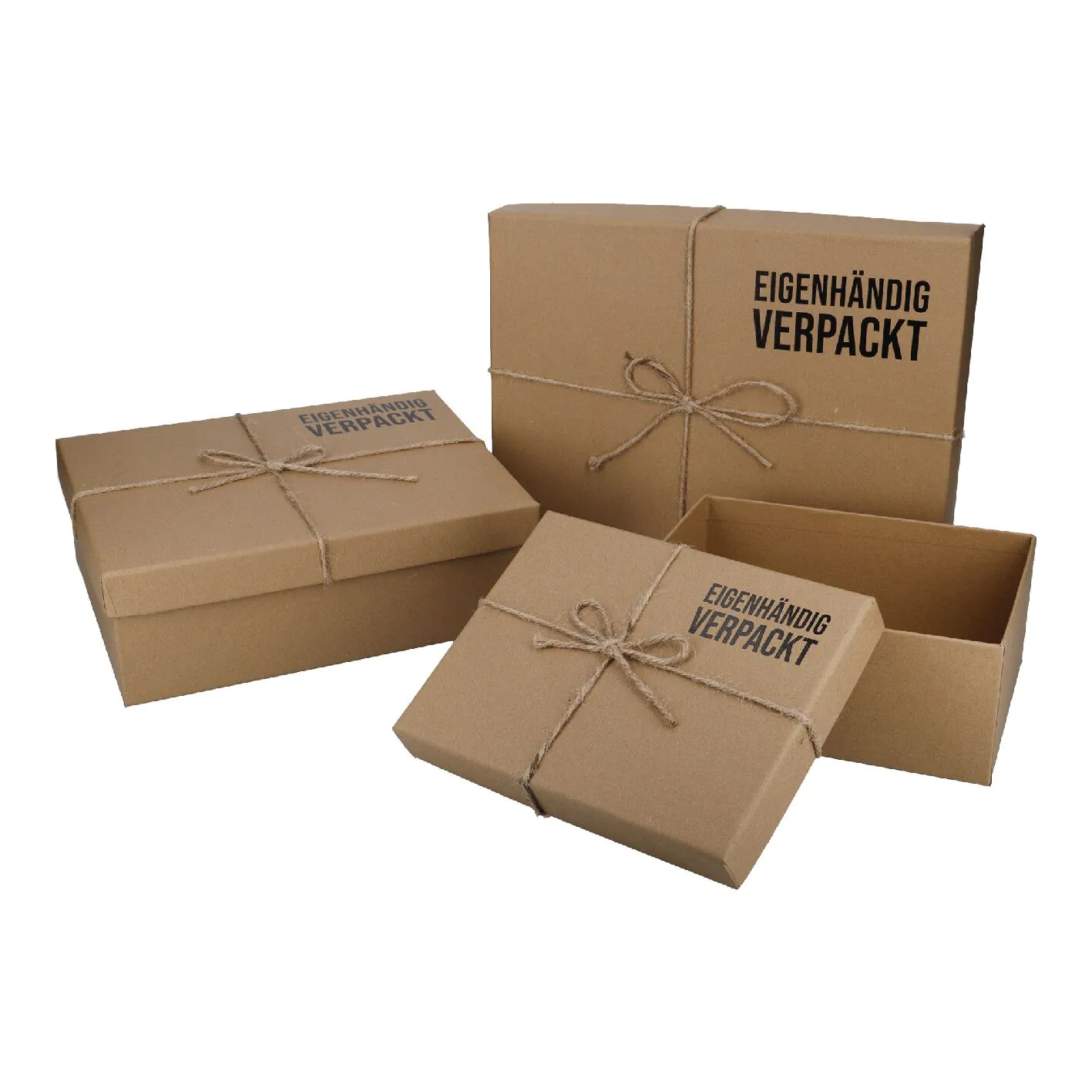 3er Set Geschenkkarton mit Aufschrift 'Eigenhändig verpackt'