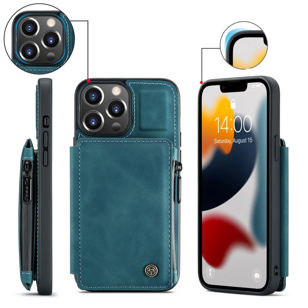 iPhone 13 Pro Leder Schutzhülle mit Münzbeutel   3 Kartenfächern - Blau / Grün