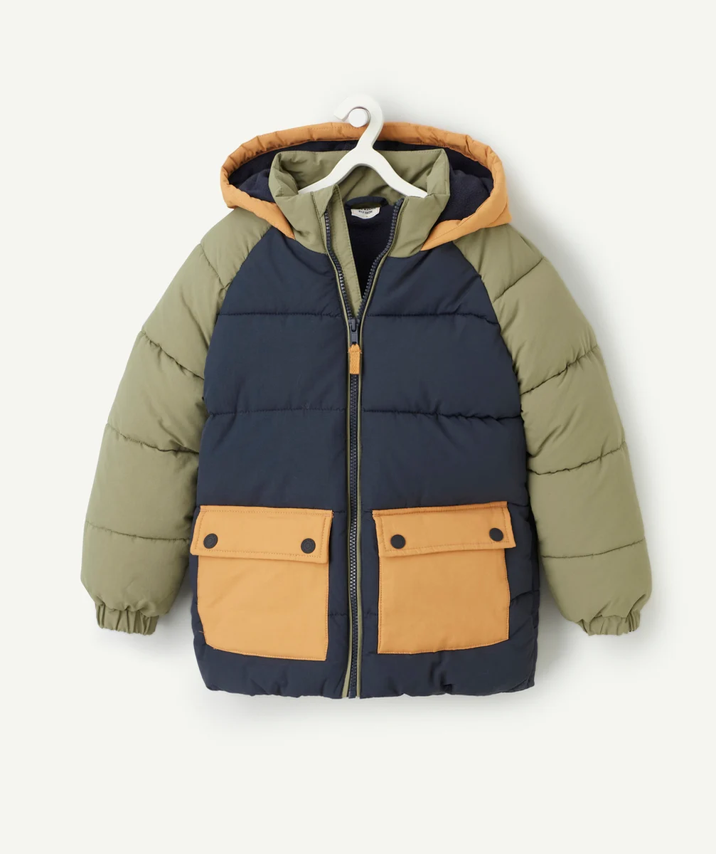DOUDOUNE GARÇON EN REMBOURRAGE RECYCLÉ COLORBLOCK BLEU ET MARRON
