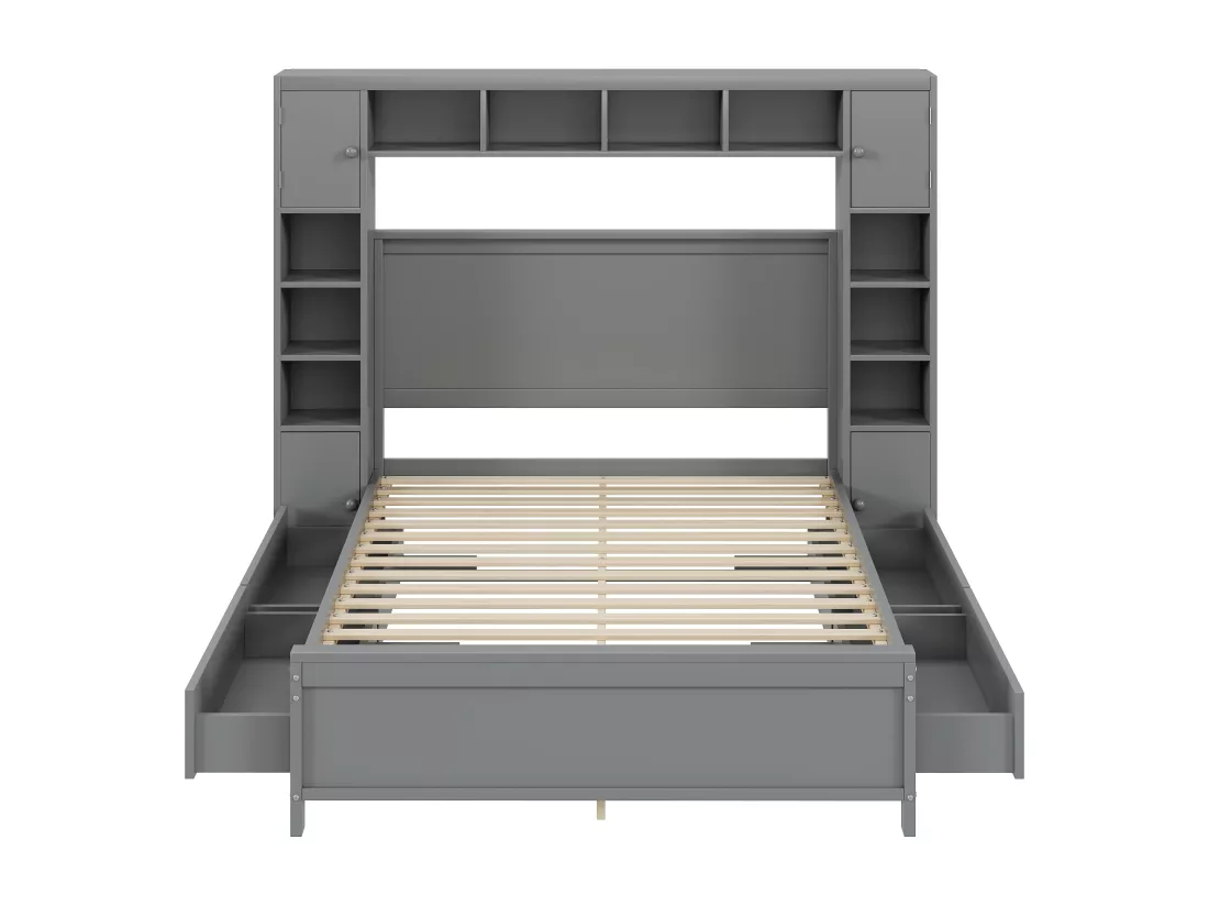 Lit 140 x 200 cm avec 4 tiroirs et rangement - Bois massif - Décor gris - CONAN