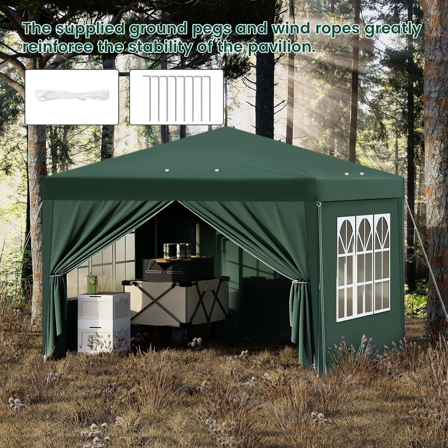 Laneetal Pavillon 3x3 m faltbar, Pop-Up Faltpavillon wasserfest Winterfest, Grillpavillon stabil, Gartenpavillon mit Seitenwänden Fenstern Tasche, für Camping Strand Garten, Grün