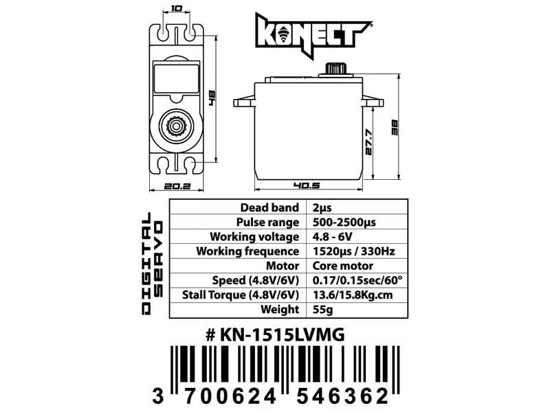Konect Standard Servo 1515LVMG 15.8 kg, 0.15 s, Digital Digitales Standard-Servo mit Metallgetriebe