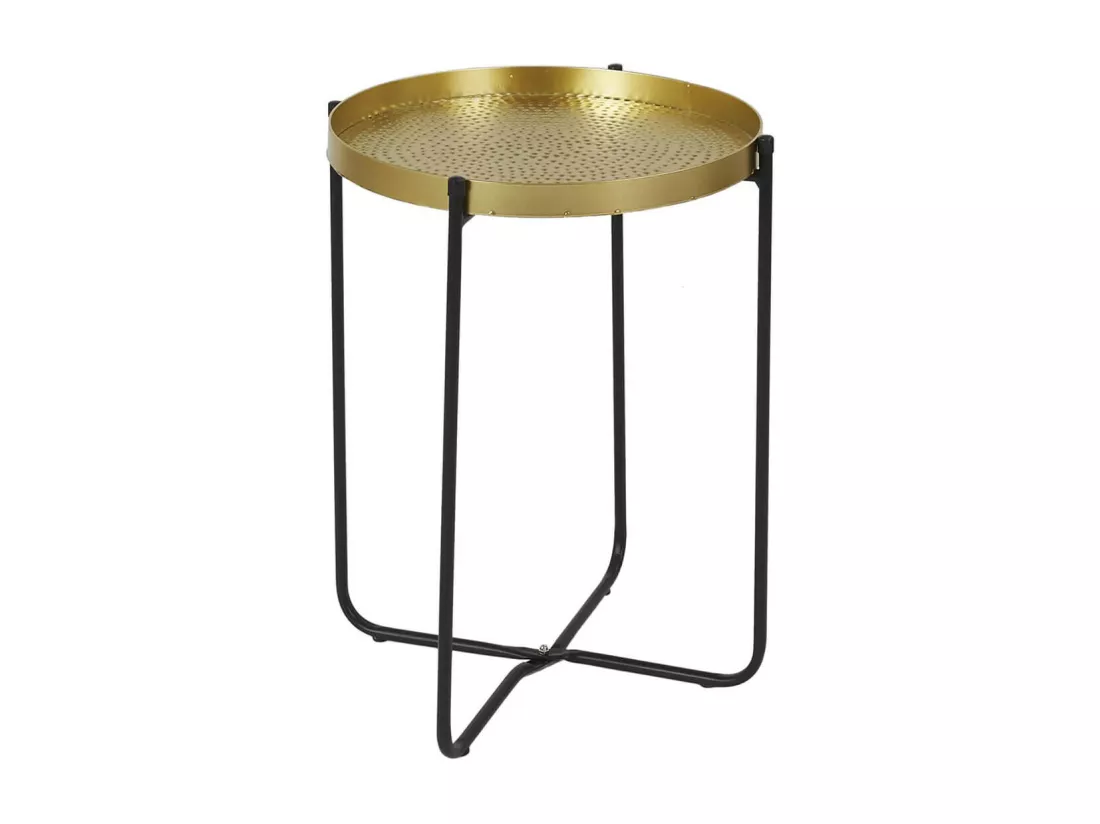 SYMBA - Table d'Appoint D35cm Plateau en Métal Doré Martelé Pieds en Métal Noir