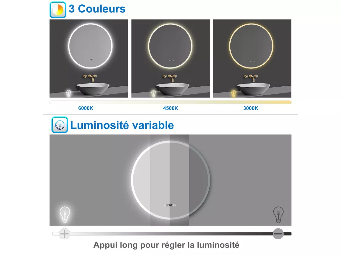 Miroir de salle de bain lumineux Rond 70cm avec Horloge + 3 Couleurs + Dimmable + Anti-buée