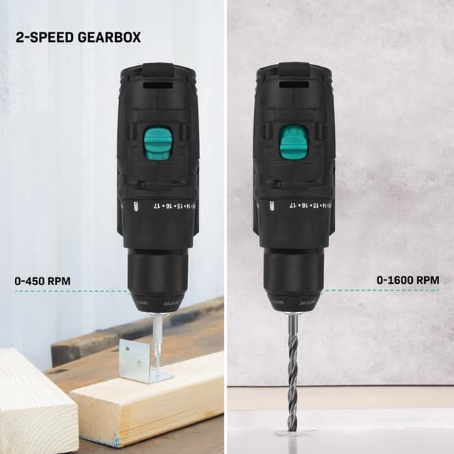VONROC Boremaskine 20V – PRO| Kompakt & Kraftfuld | Børsteløs Motor | 40Nm | 46 dele Tilbehør | Inkl. 2.0Ah Akku & Oplader | Premium Kuffert