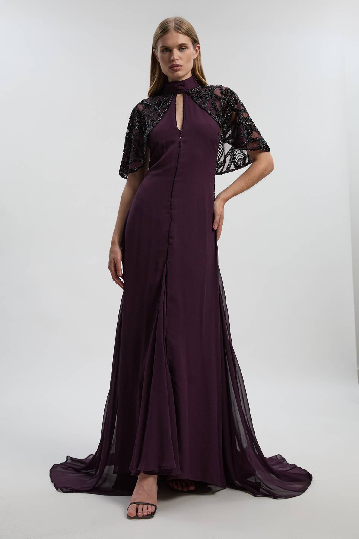 KarenMillen Robe Maxi Tissée à Détail Cape Ajourée Ornée de Cristaux