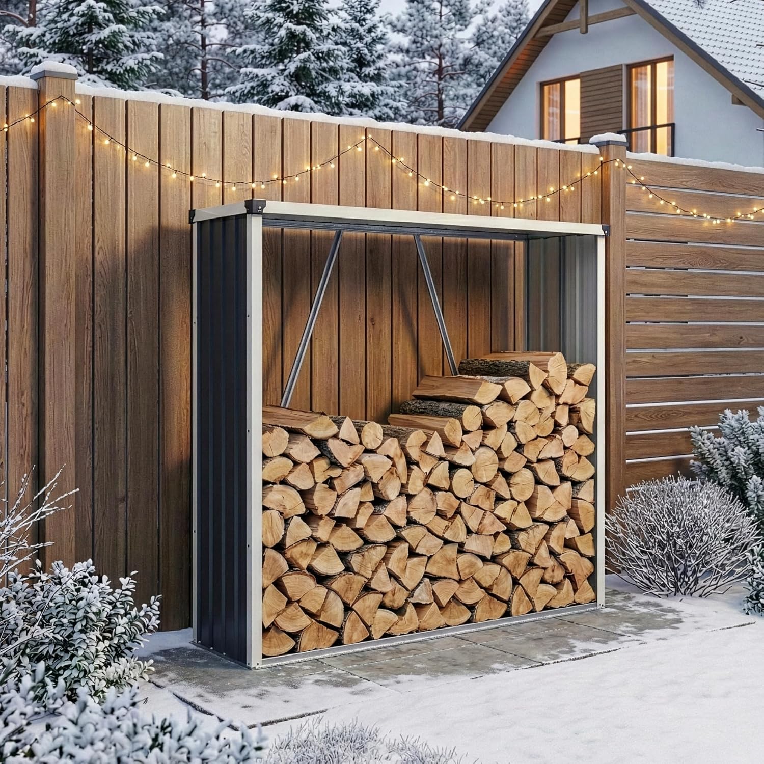 casa.pro Holzregal Kalmar Kaminholzregal Brennholzregal außen 158 x 47 x 152 cm Holzunterstand Holzlager wetterfest Stapelhilfe verzinkter Stahl Anthrazit