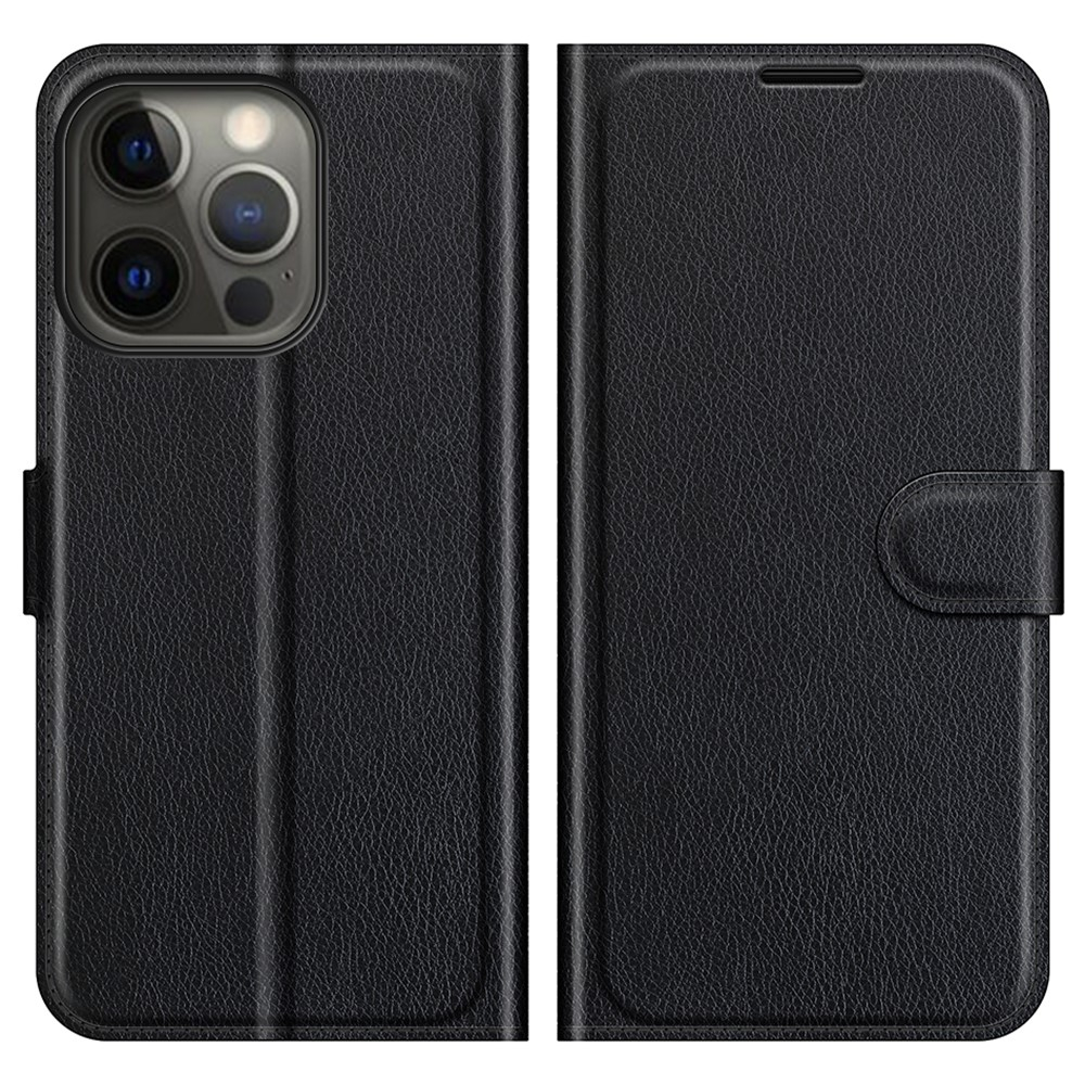 iPhone 13 Pro Leder Tasche Flip Cover Litchi Look - Schwarz