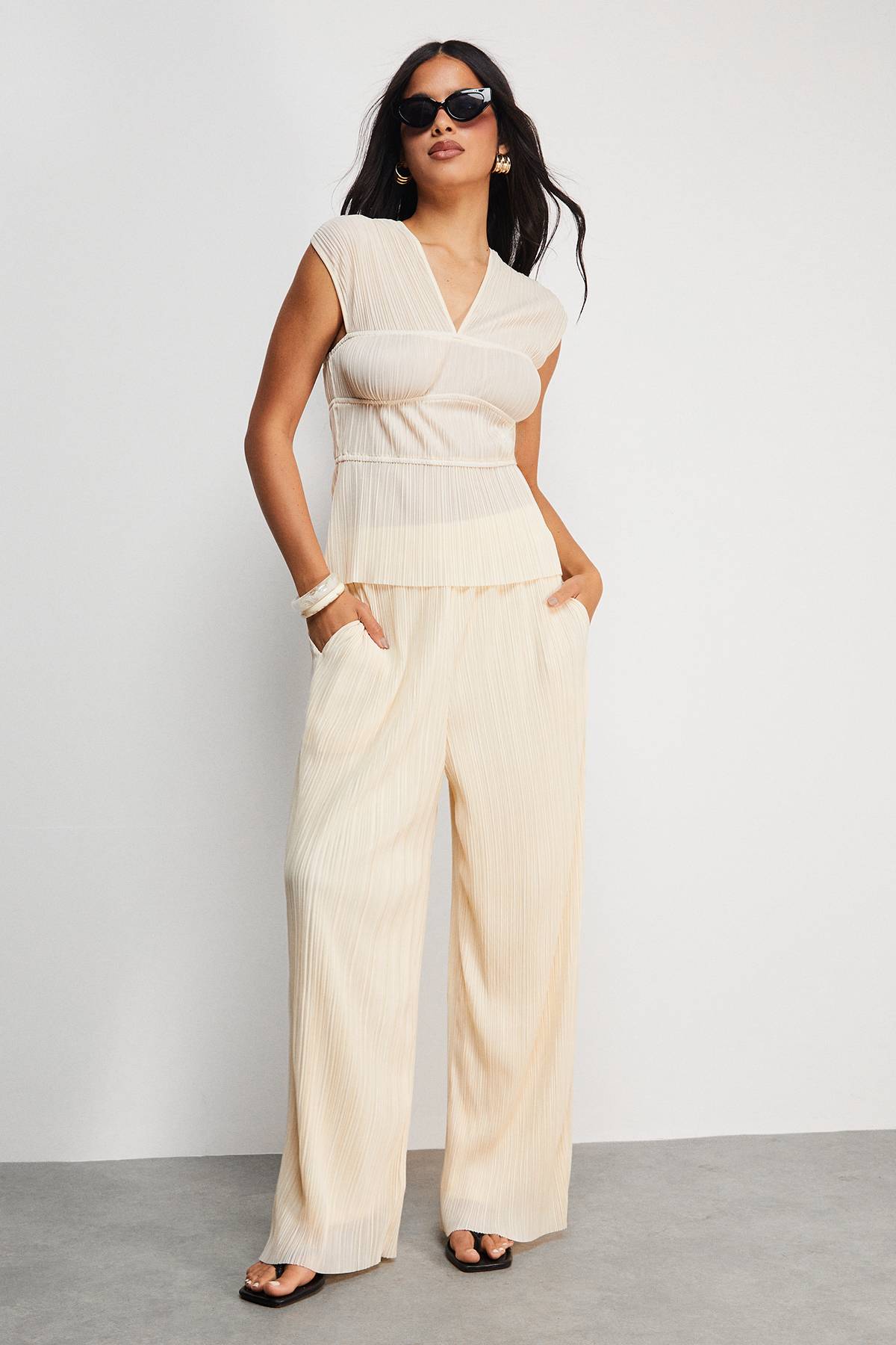 Warehouse Pantalon Large Taille Haute Plissé