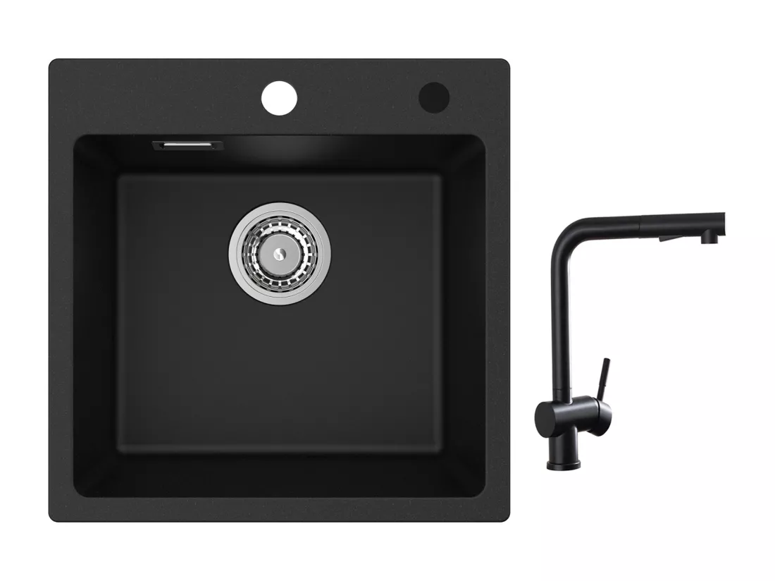 Cecipa max 45x45cm Evier Quartz Noir Evier 1 Bac en Quartz et Résine Evier de Cuisine + Robinets avec Douchette Extractible, Mitigeur d'évier Noir