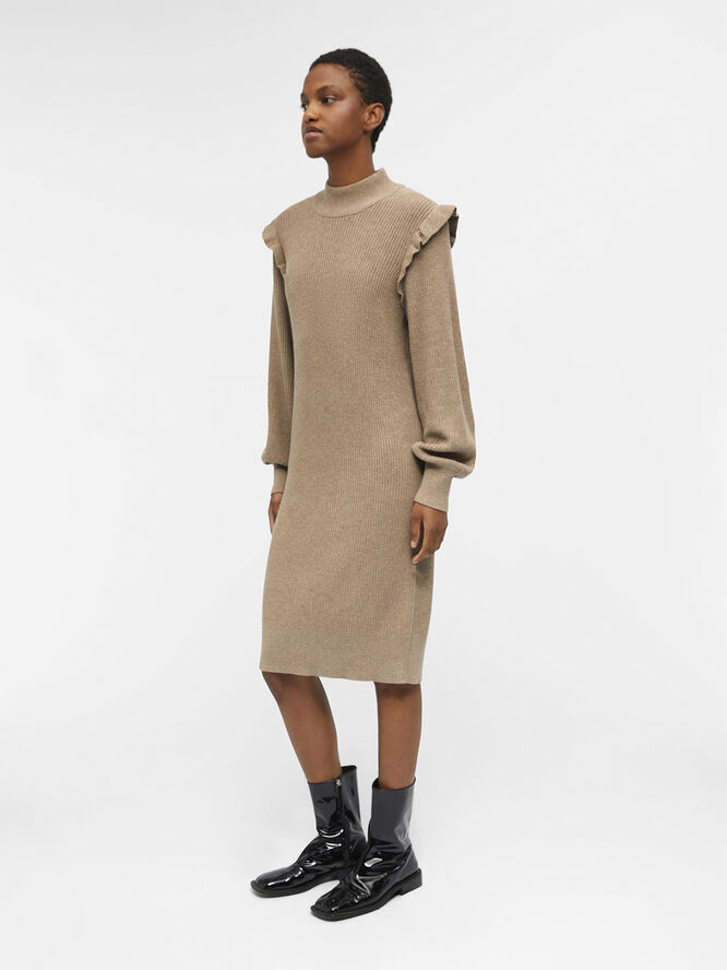 Object OBJMALENA L/S RUFFLE KNIT DRESS NOO Fossil/melange