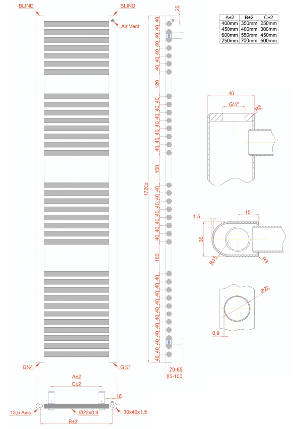Eastbrook Biava multirail handdoekradiator 60x170cm 1072W zwart mat