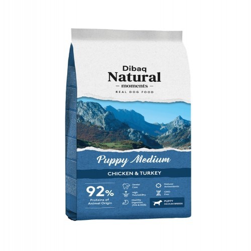 Ração Dibaq Natural Moments para filhotes de porte médio, sabor Frango/Peru