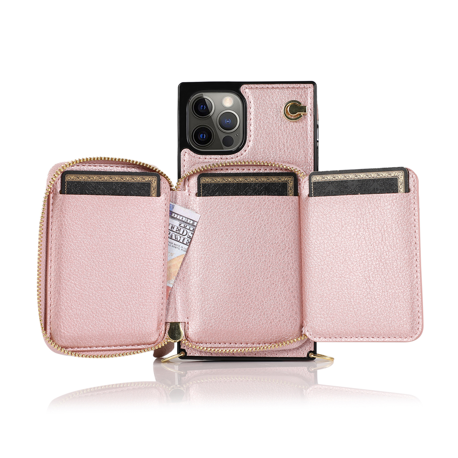 iPhone 12 / iPhone 12 Pro Necklace Leder Schutz Hülle mit Kartenfächer   Handykette (140cm) - Roségold