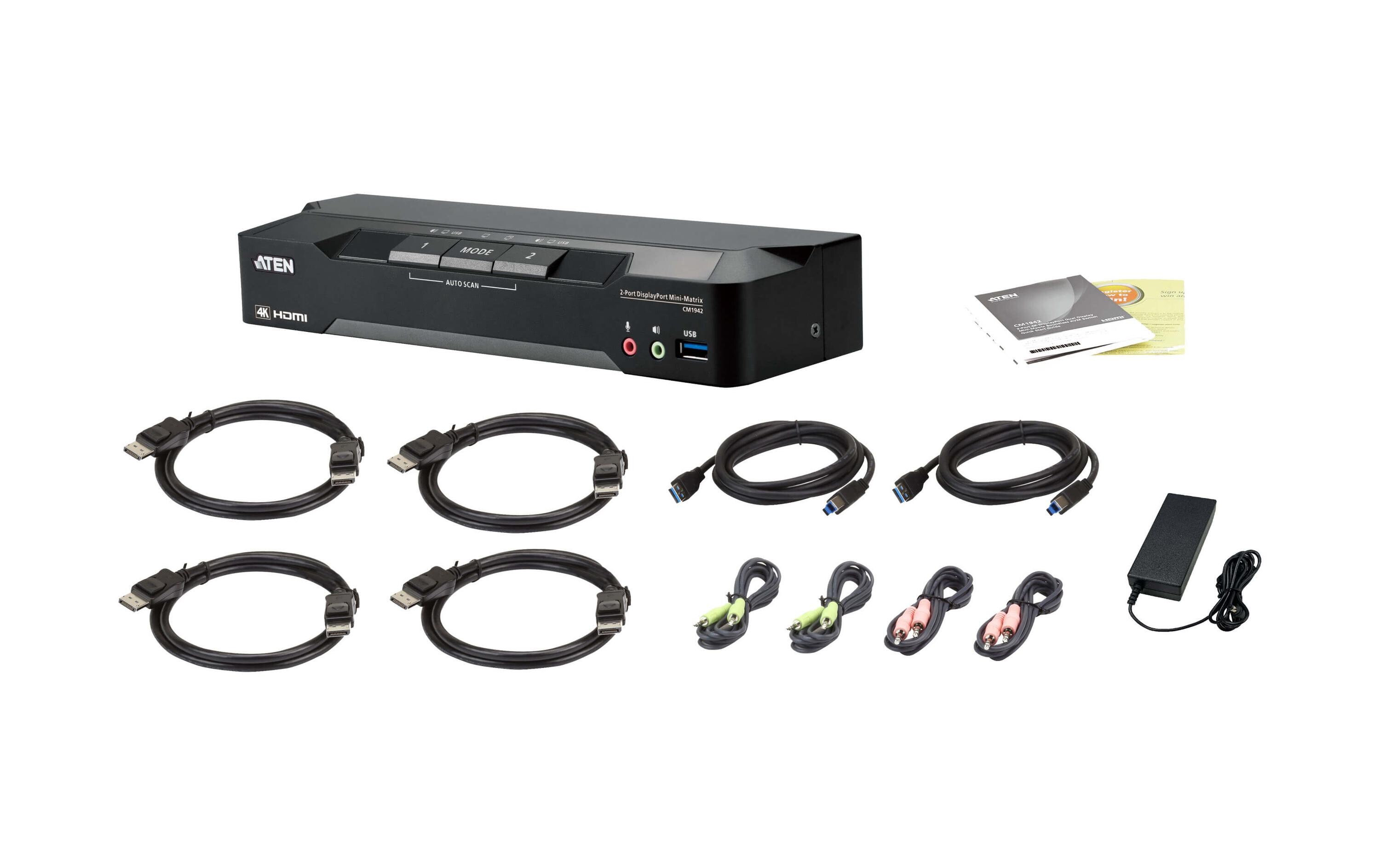 KVM Switch CM1942 DisplayPort, 4K 60Hz<br>2-Port 4K DisplayPort Dual Display Mini-Matrix Boundless KVM-Switch