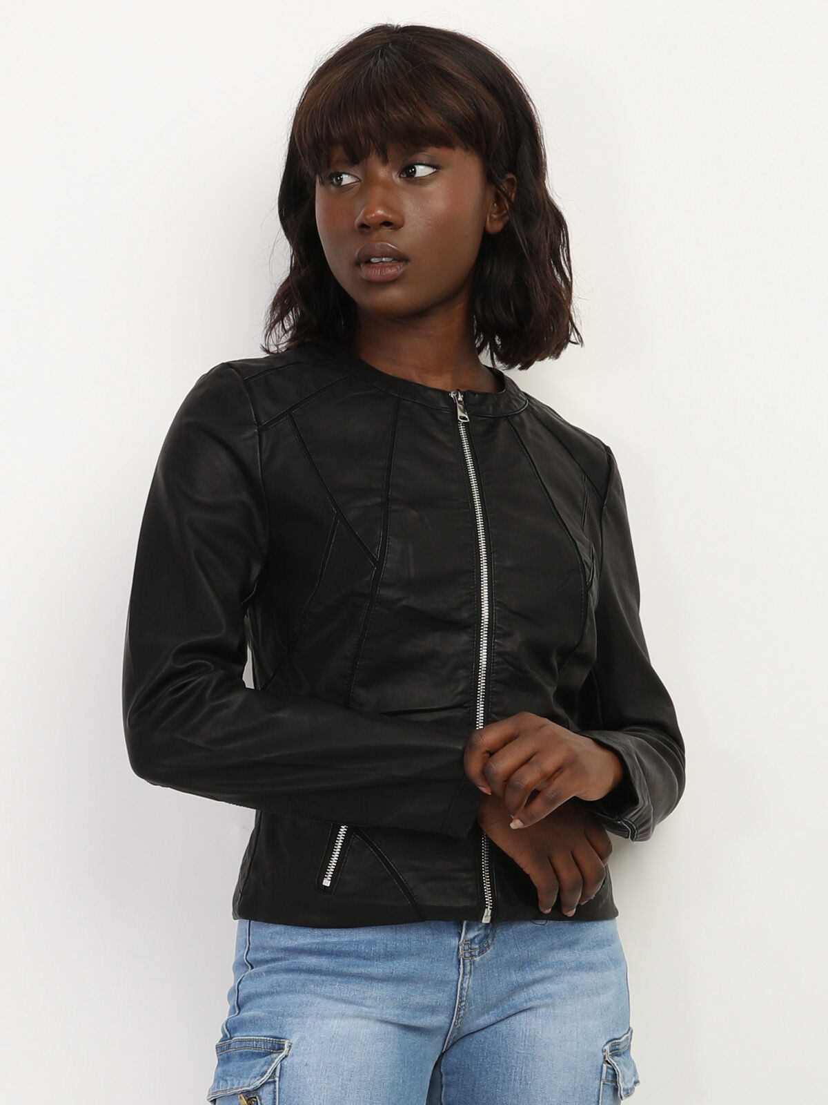 Veste en similicuir à détail tulle- Noir