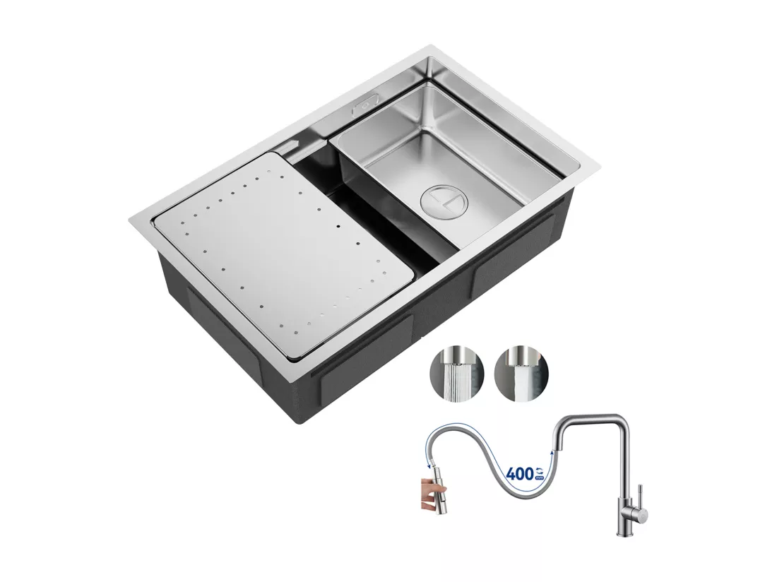 Évier Cuisine 1 Bac 70×44×21CM Évier Inox Brossé avec Egouttoir et Vasque + Mitigeur avec Douchette Extractible, Brossé