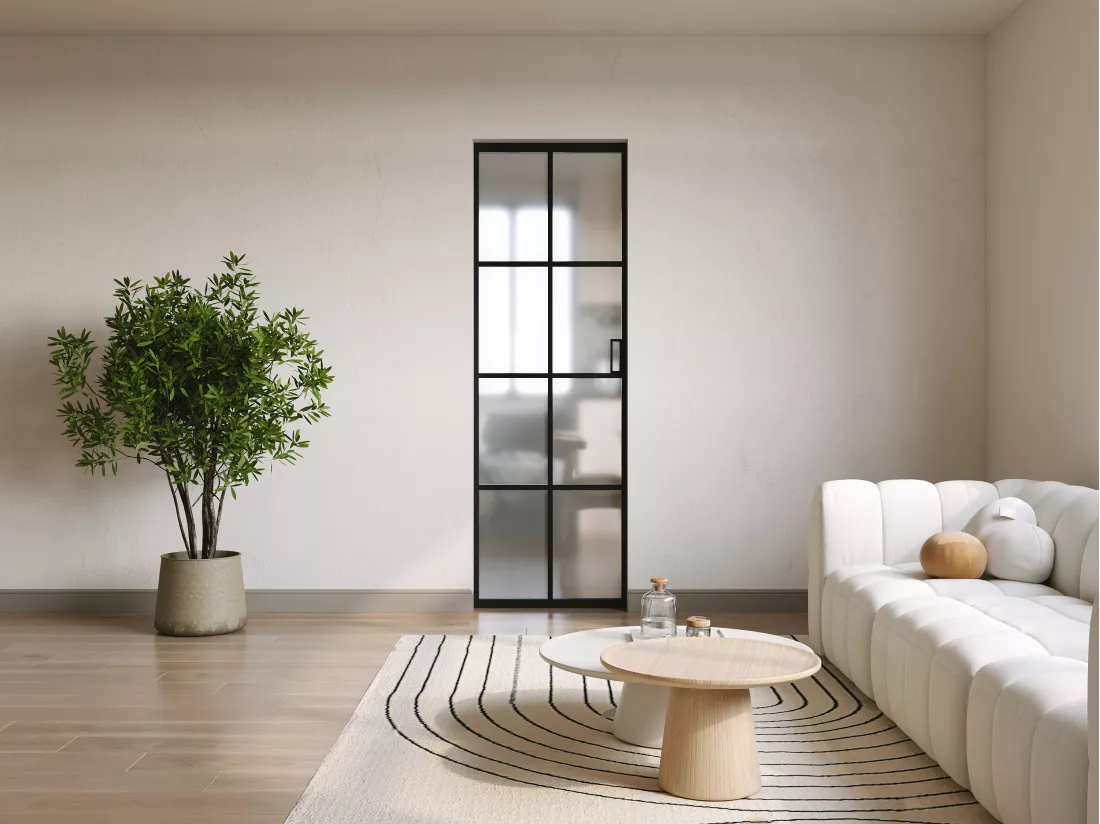 Porte coulissante avec système à galandage en aluminium et verre trempé dépoli - H205 x L93 cm - WILDEN II