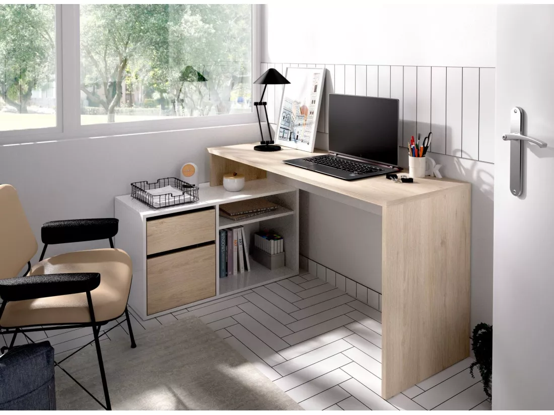 Bureau Ddiaw, Bureau multi-positions pour le bureau ou la chambre, Table d'étude d'angle polyvalente, 139x92h75 cm, Blanc et Chêne