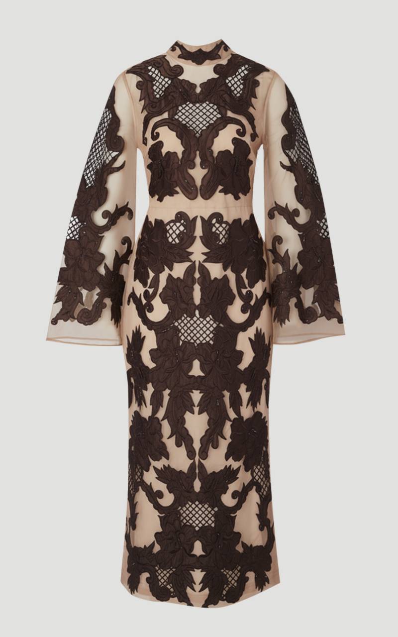 KarenMillen Robe Mi-Longue Tissée à Manches Évasées Perlées et Appliques Baroques en Organdi