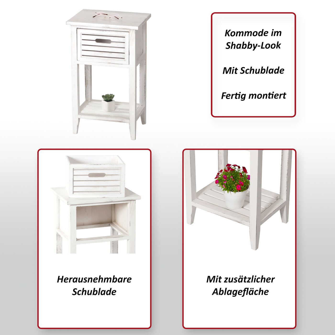 Kommode Beistelltisch, 57x35x27cm, Shabby-Look, Vintage ~ weiß