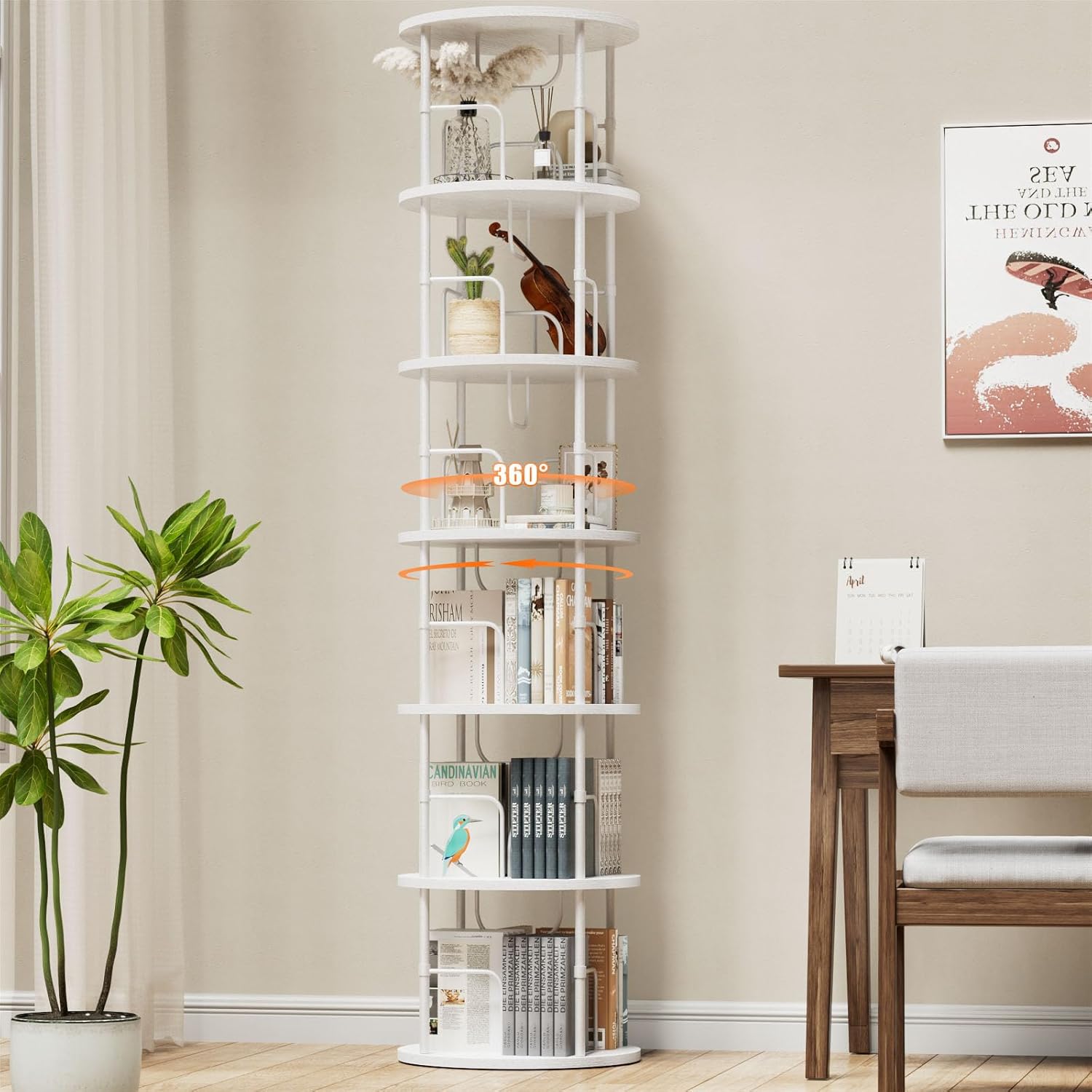 Generisch 360° Drehbares Bücherregal, Bodenstehendes Bücherschrank Aus Holz, Bookshelf Mit 6 Ebenen, Verstellbare Ebenen, Standregal, 45×45×193cm, Weiß OH0228932