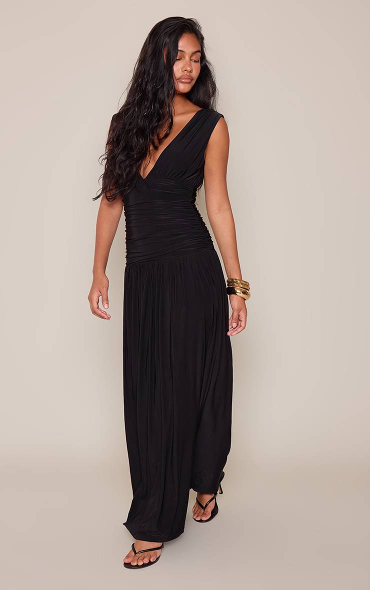 Noir Robe Maxi Longue Sans Manches À Décolleté Plongeant En Jersey Double Épaisseur