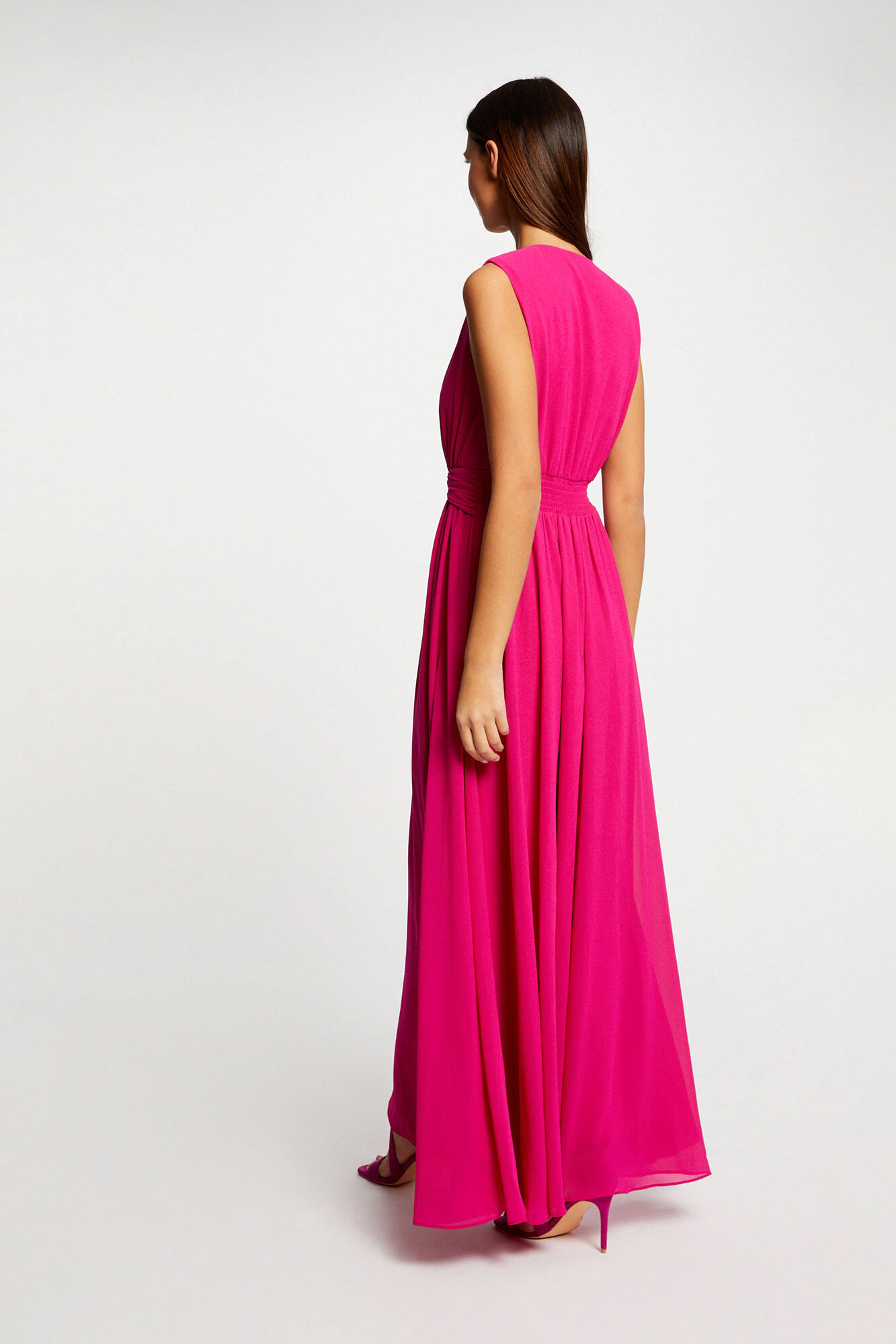 Vestido longo evasê com fenda - Fúcsia