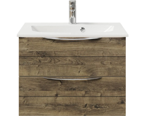 Pelipal Sunline 300 badkamermeubelset, BxHxD 67 x 49,9 x 48 cm, fronten in eikenlook, Ribbeck 2-delige badkamermeubelset met wastafel van mineraalmarmer