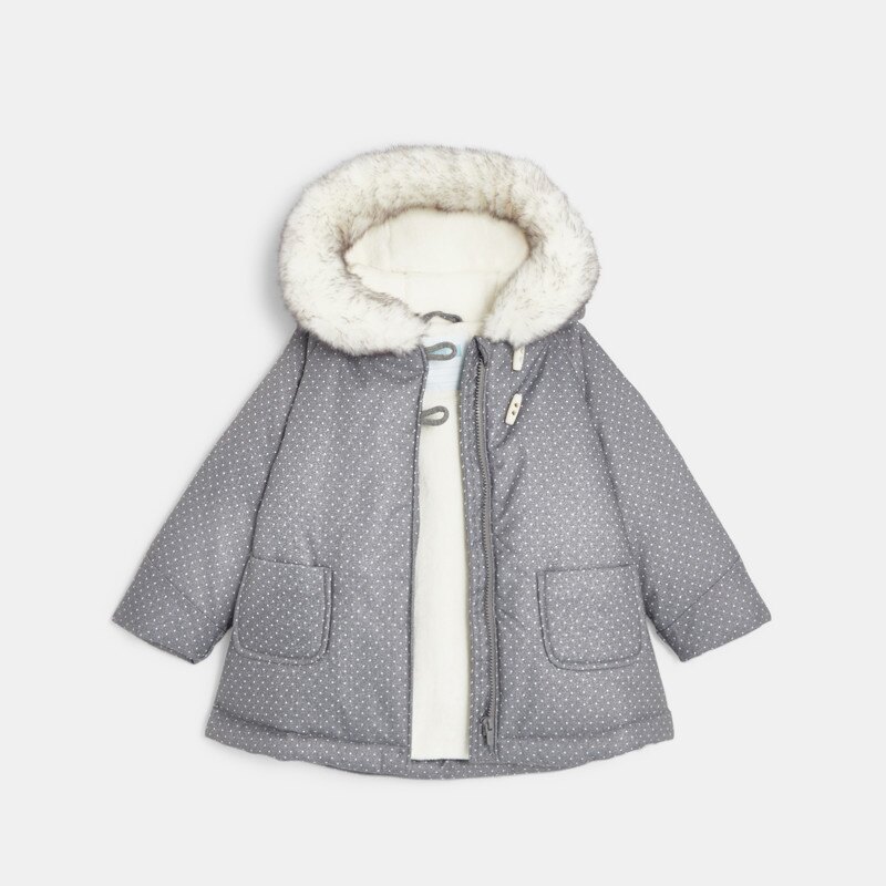 Manteau doublé polaire à pois gris bébé fille Gris ou noir